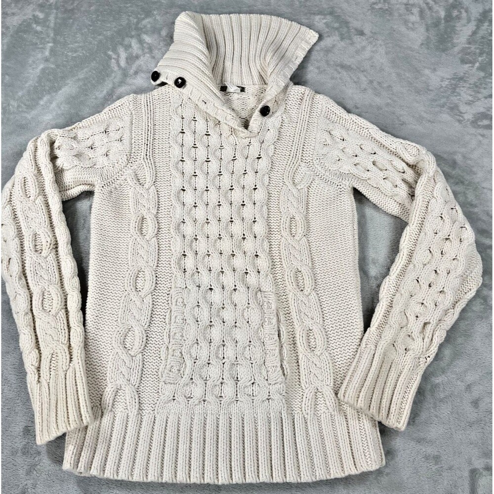 J.Crew Ivory Cable Knit Sweater M Button Funnel Collar Fisherman Preppy